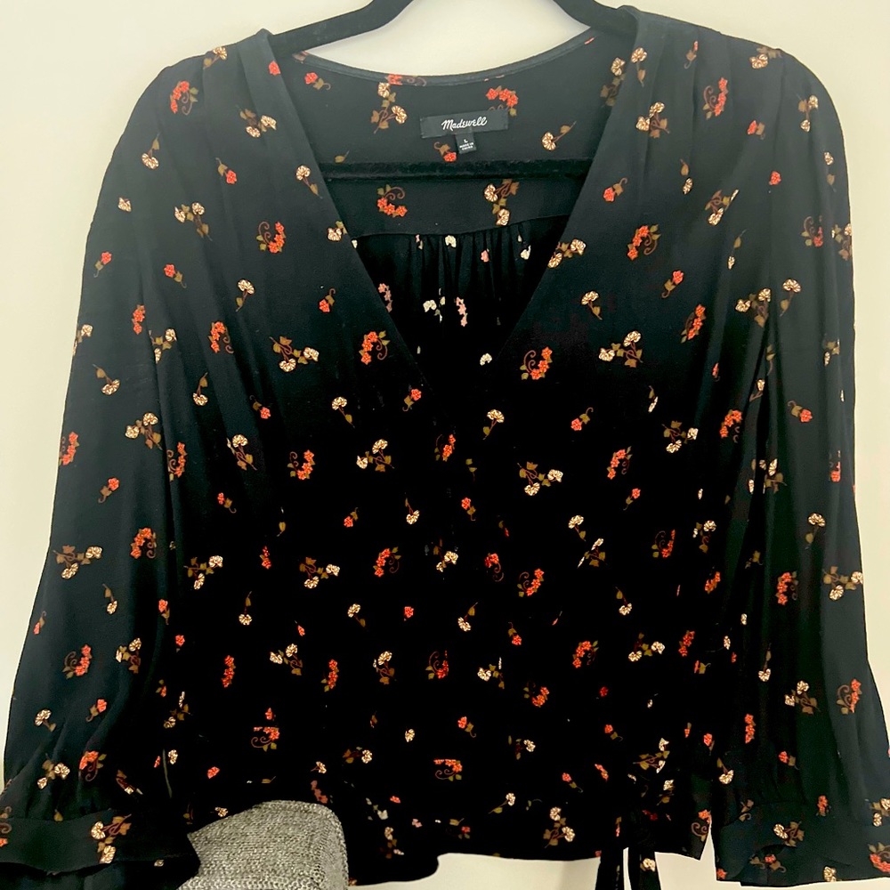Madewell Black Floral Wrap Top